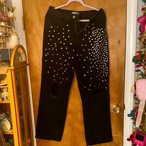 Black Studded Distressed Jeans with diamonds Accents